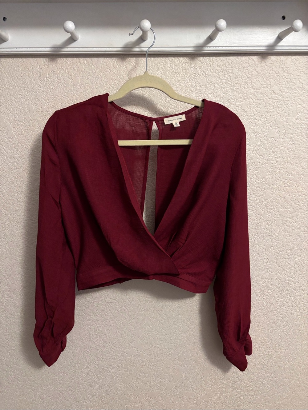 silence + noise Wine Burgundy Draped Cropped Wrap Blouse